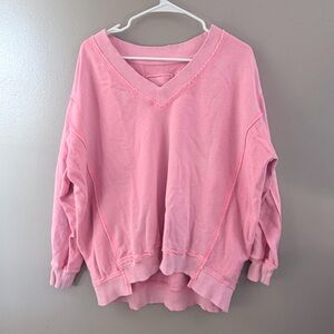 Aerie Oversized V-Neck Pink Sweatshirt Boho Raw Edge Slouchy Loungewear XS